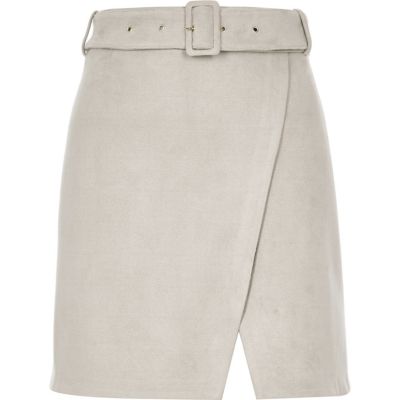 Grey faux suede buckle skirt